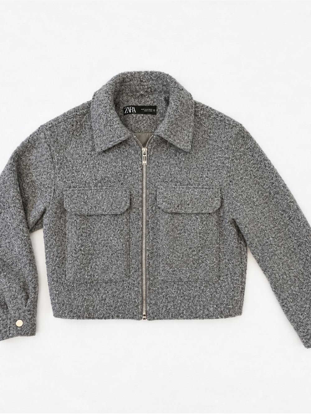 Zara Women’s M Gray Cropped Boucle Jacket Zip Front Textured Jacket